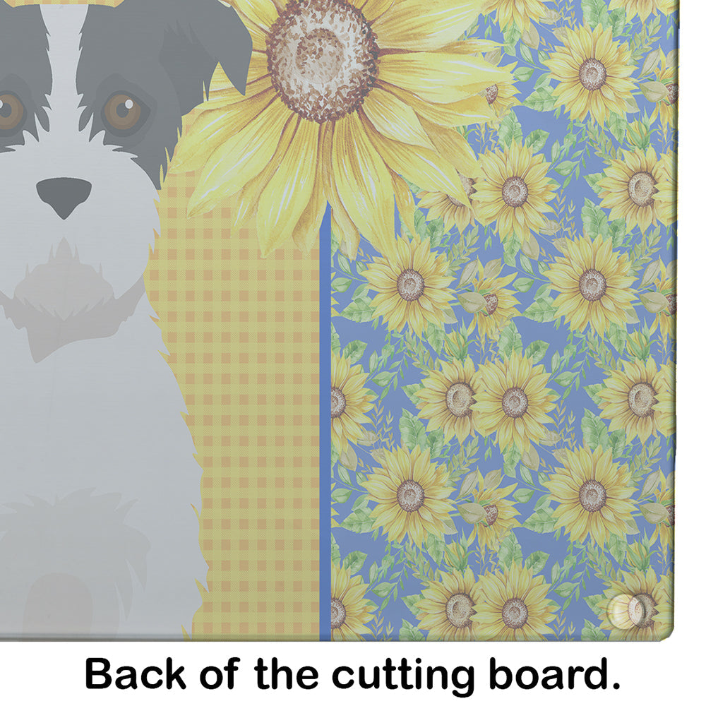 Summer Sunflowers Black White Wirehair Jack Russell Terrier Cutting Board Tempered Glass Kitchen Cutting Surface, Heat Resistant Chopping, Non-Slip Feet, Food Prep & Serving