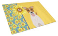 Summer Sunflowers Brown White Smooth Jack Russell Terrier Cutting Board Tempered Glass Kitchen Cutting Surface, Heat Resistant Chopping, Non-Slip Feet, Food Prep & Serving