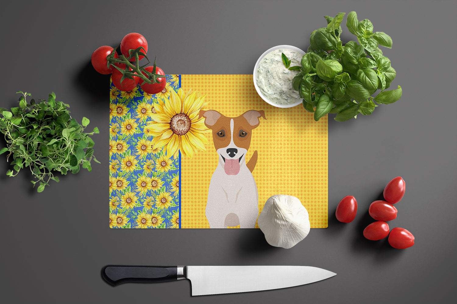 Summer Sunflowers Brown White Smooth Jack Russell Terrier Cutting Board Tempered Glass Kitchen Cutting Surface, Heat Resistant Chopping, Non-Slip Feet, Food Prep & Serving