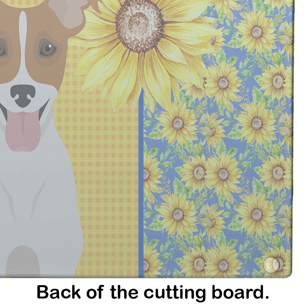 Summer Sunflowers Brown White Smooth Jack Russell Terrier Cutting Board Tempered Glass Kitchen Cutting Surface, Heat Resistant Chopping, Non-Slip Feet, Food Prep & Serving
