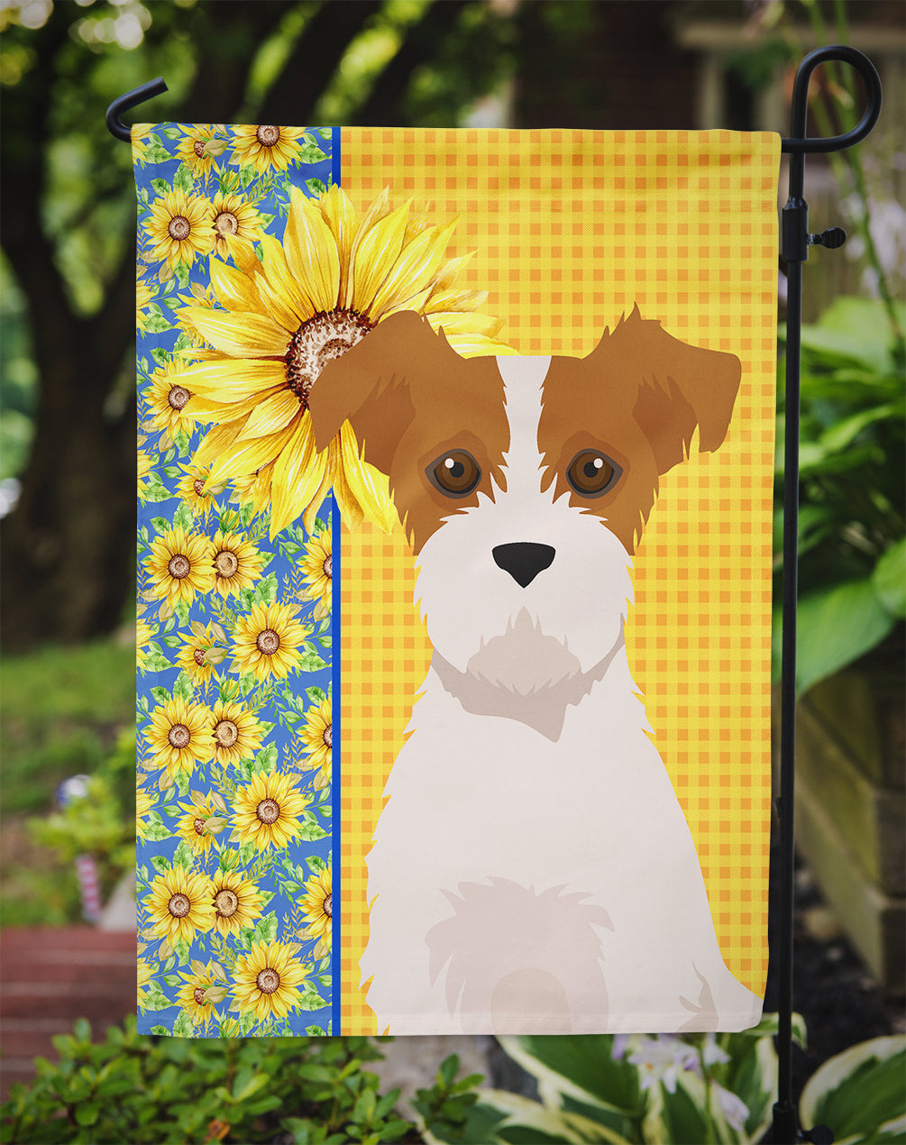 Summer Sunflowers Brown White Wirehair Jack Russell Terrier Garden Flag Mailbox Decorative Yard Banner Outside Patio Artwork for Flower Beds, Garden Size, Multicolor