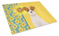 Summer Sunflowers Brown White Wirehair Jack Russell Terrier Cutting Board Tempered Glass Kitchen Cutting Surface, Heat Resistant Chopping, Non-Slip Feet, Food Prep & Serving