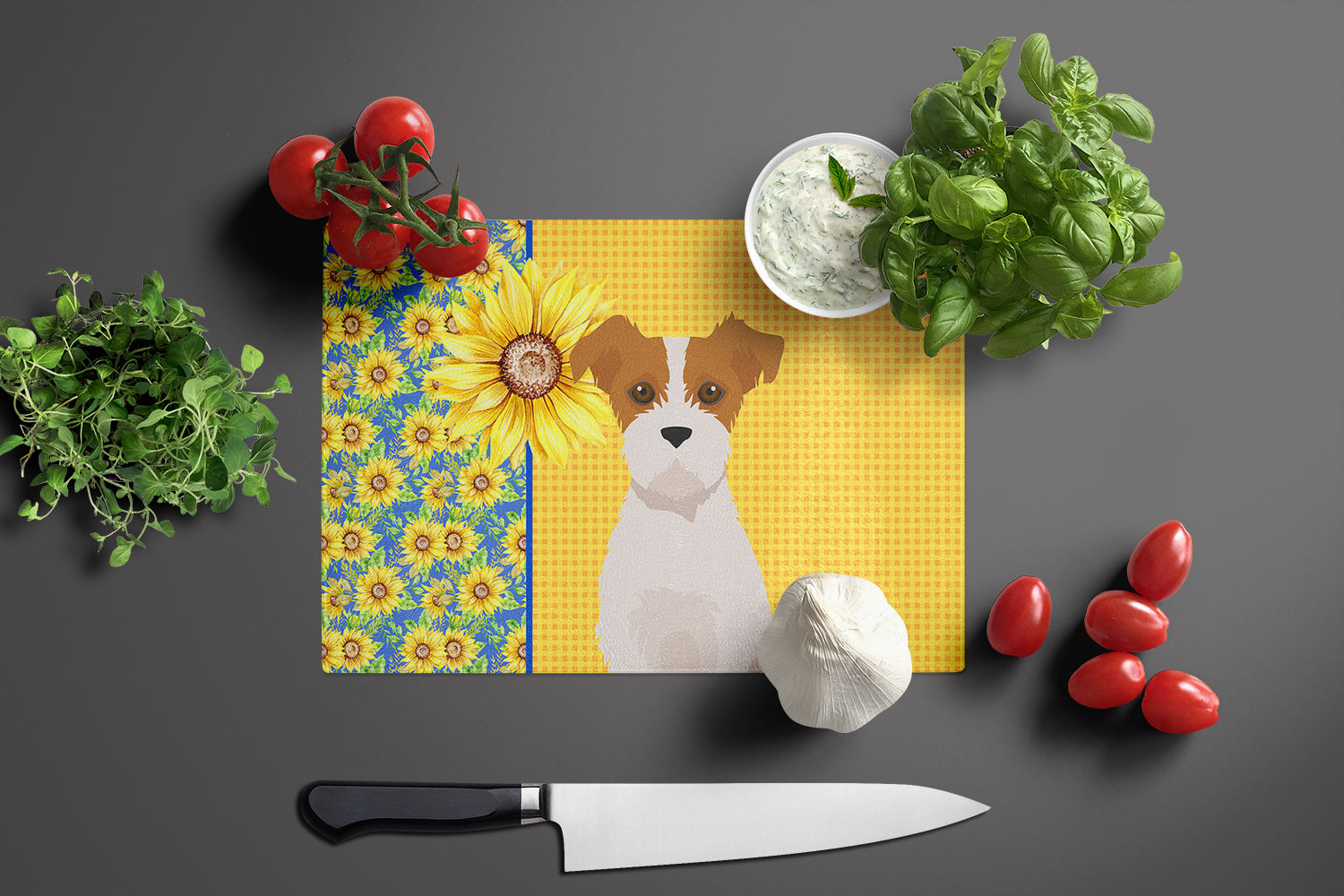 Summer Sunflowers Brown White Wirehair Jack Russell Terrier Cutting Board Tempered Glass Kitchen Cutting Surface, Heat Resistant Chopping, Non-Slip Feet, Food Prep & Serving