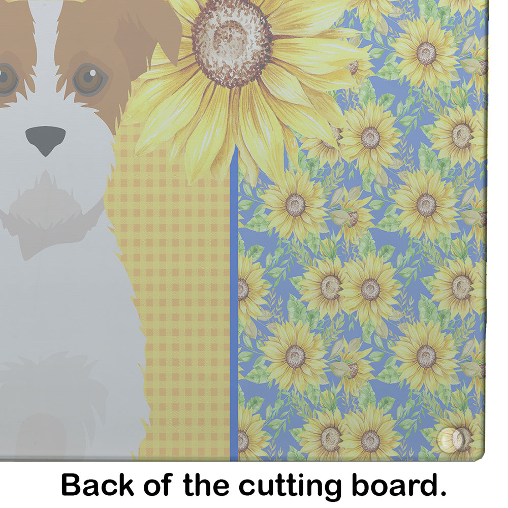 Summer Sunflowers Brown White Wirehair Jack Russell Terrier Cutting Board Tempered Glass Kitchen Cutting Surface, Heat Resistant Chopping, Non-Slip Feet, Food Prep & Serving