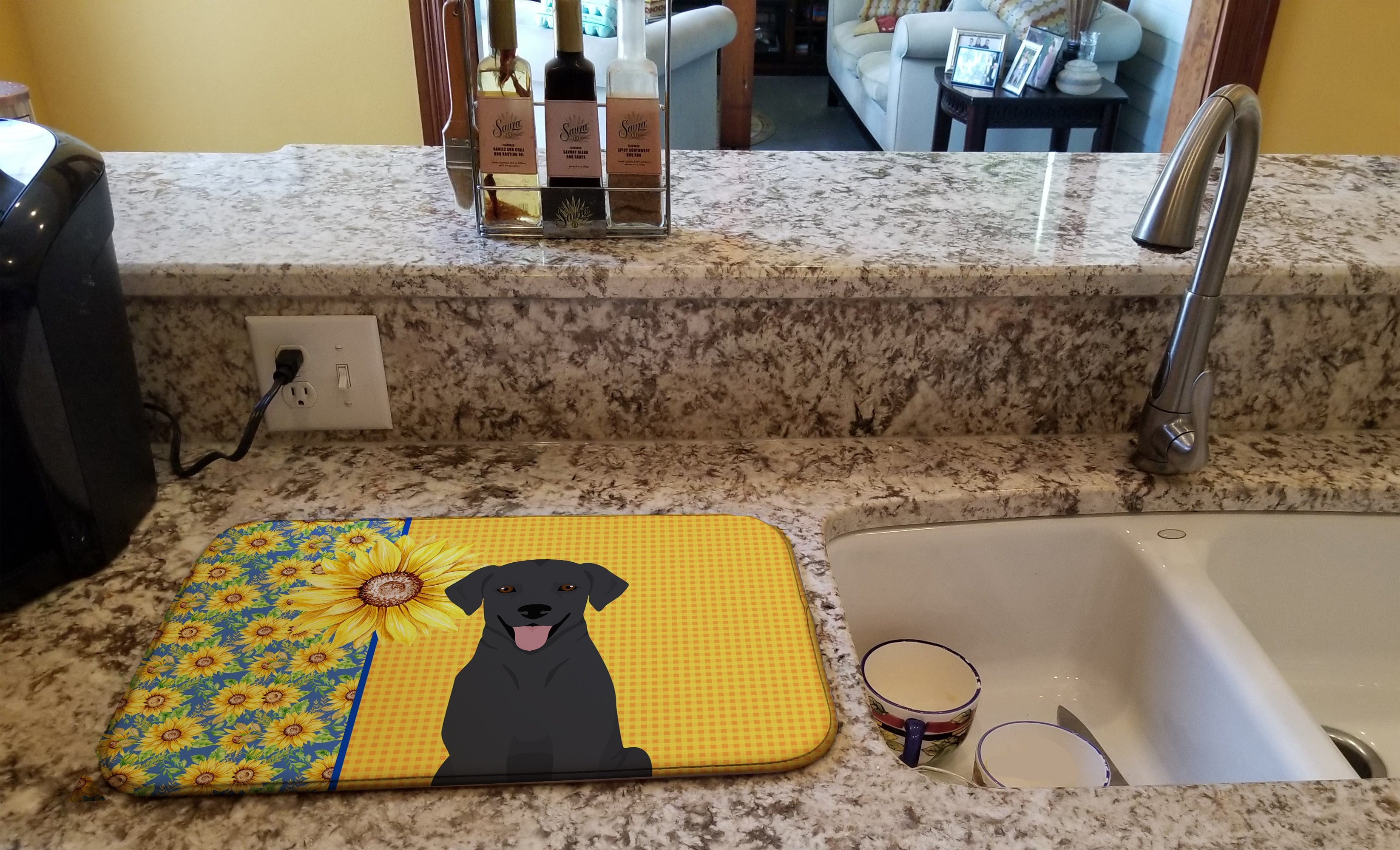 Summer Sunflowers Black Labrador Retriever Dish Drying Mat Absorbent Dish Drying Mat Pad for Kitchen Counter Dish Drainer Mat for Countertop, 14 x 21", Multicolor