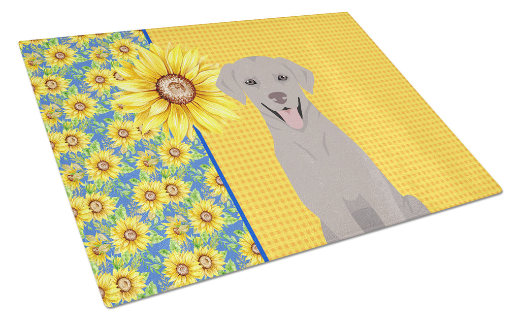 Summer Sunflowers Gray Labrador Retriever Cutting Board Tempered Glass Kitchen Cutting Surface, Heat Resistant Chopping, Non-Slip Feet, Food Prep & Serving