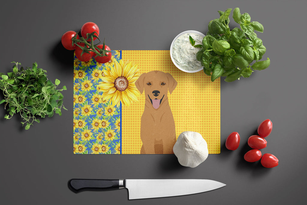 Summer Sunflowers Red Fox Labrador Retriever Cutting Board Tempered Glass Kitchen Cutting Surface, Heat Resistant Chopping, Non-Slip Feet, Food Prep & Serving