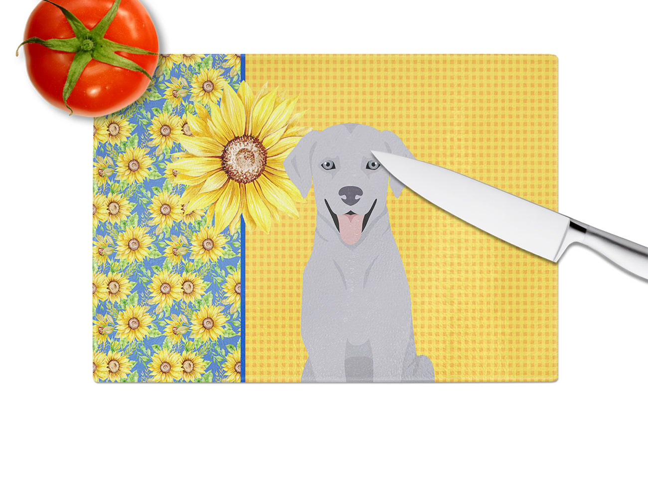 Summer Sunflowers Silver Labrador Retriever Cutting Board Tempered Glass Kitchen Cutting Surface, Heat Resistant Chopping, Non-Slip Feet, Food Prep & Serving