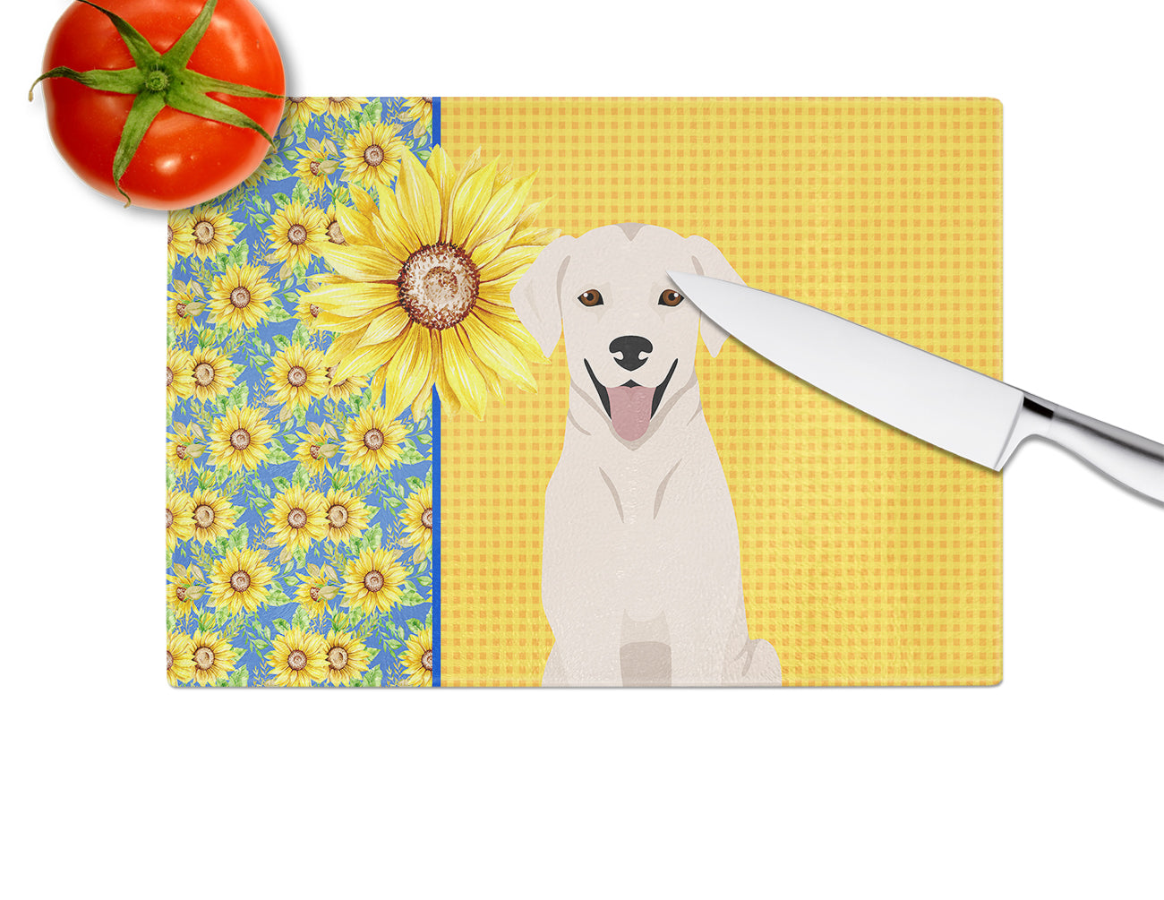 Summer Sunflowers White Cream Labrador Retriever Cutting Board Tempered Glass Kitchen Cutting Surface, Heat Resistant Chopping, Non-Slip Feet, Food Prep & Serving