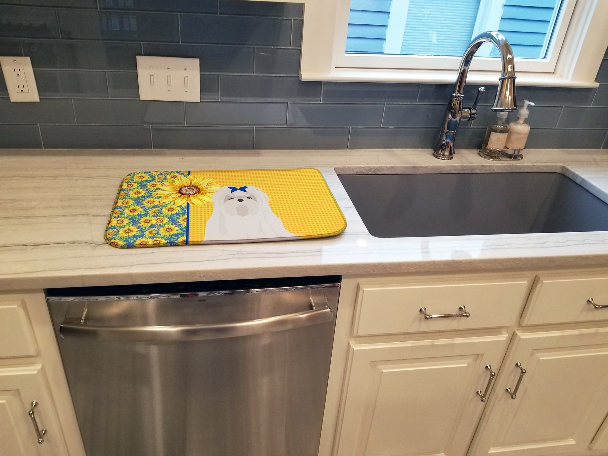 Summer Sunflowers Maltese Dish Drying Mat Absorbent Dish Drying Mat Pad for Kitchen Counter Dish Drainer Mat for Countertop, 14 x 21", Multicolor
