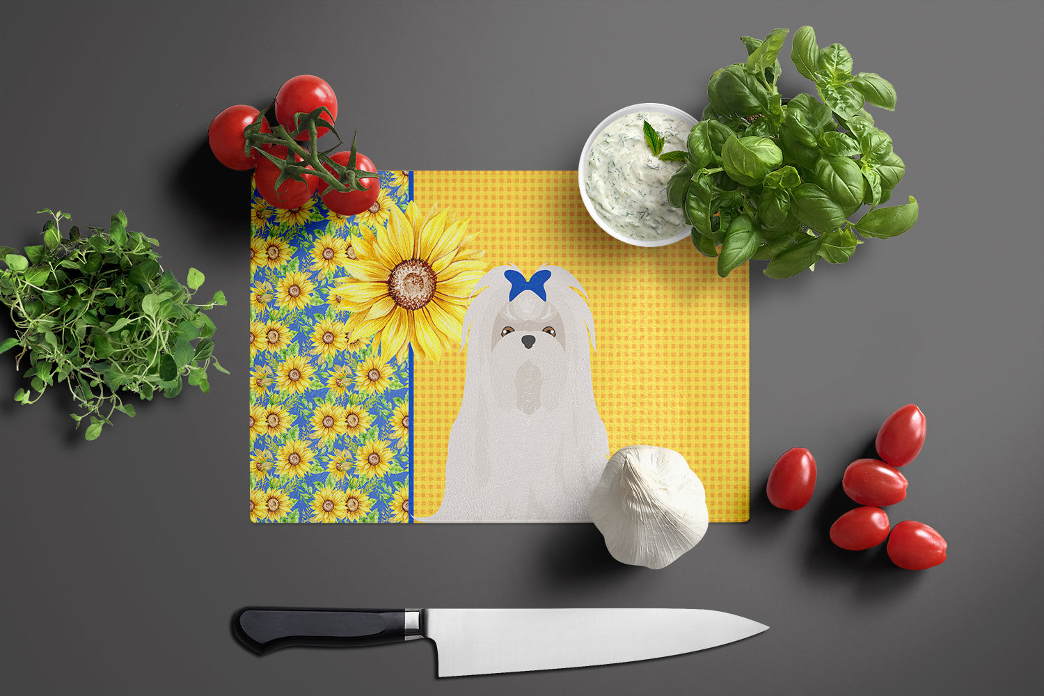 Summer Sunflowers Maltese Cutting Board Tempered Glass Kitchen Cutting Surface, Heat Resistant Chopping, Non-Slip Feet, Food Prep & Serving