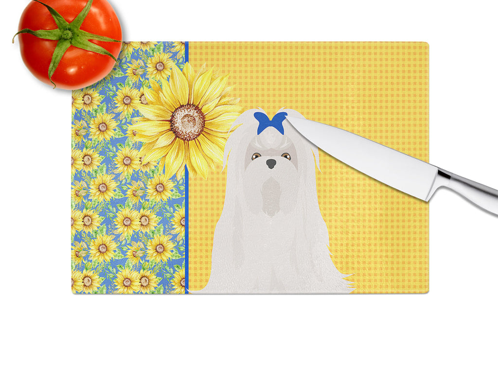 Summer Sunflowers Maltese Cutting Board Tempered Glass Kitchen Cutting Surface, Heat Resistant Chopping, Non-Slip Feet, Food Prep & Serving