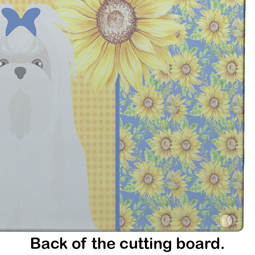 Summer Sunflowers Maltese Cutting Board Tempered Glass Kitchen Cutting Surface, Heat Resistant Chopping, Non-Slip Feet, Food Prep & Serving