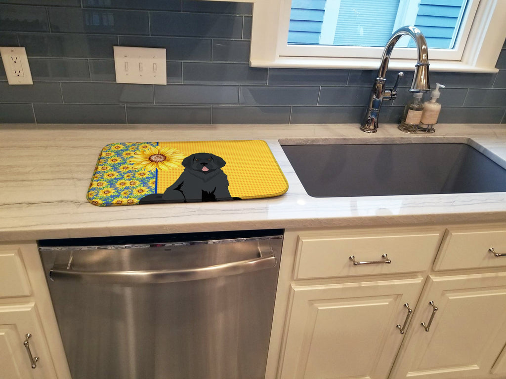Summer Sunflowers Black Newfoundland Dish Drying Mat Absorbent Dish Drying Mat Pad for Kitchen Counter Dish Drainer Mat for Countertop, 14 x 21", Multicolor