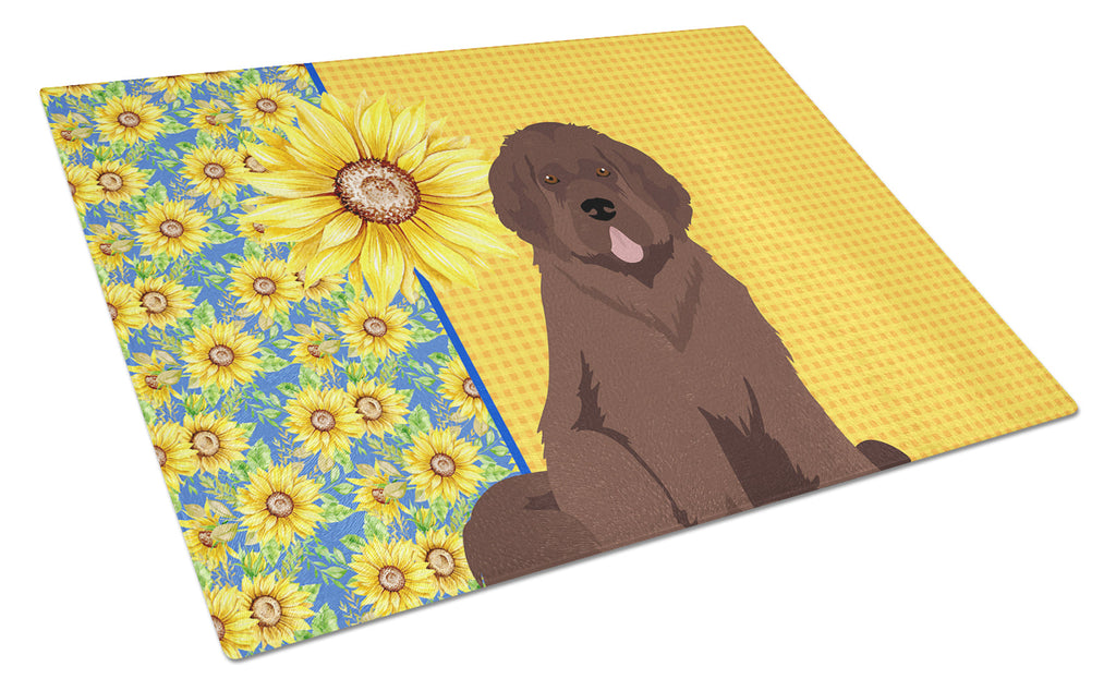 Summer Sunflowers Brown Newfoundland Cutting Board Tempered Glass Kitchen Cutting Surface, Heat Resistant Chopping, Non-Slip Feet, Food Prep & Serving