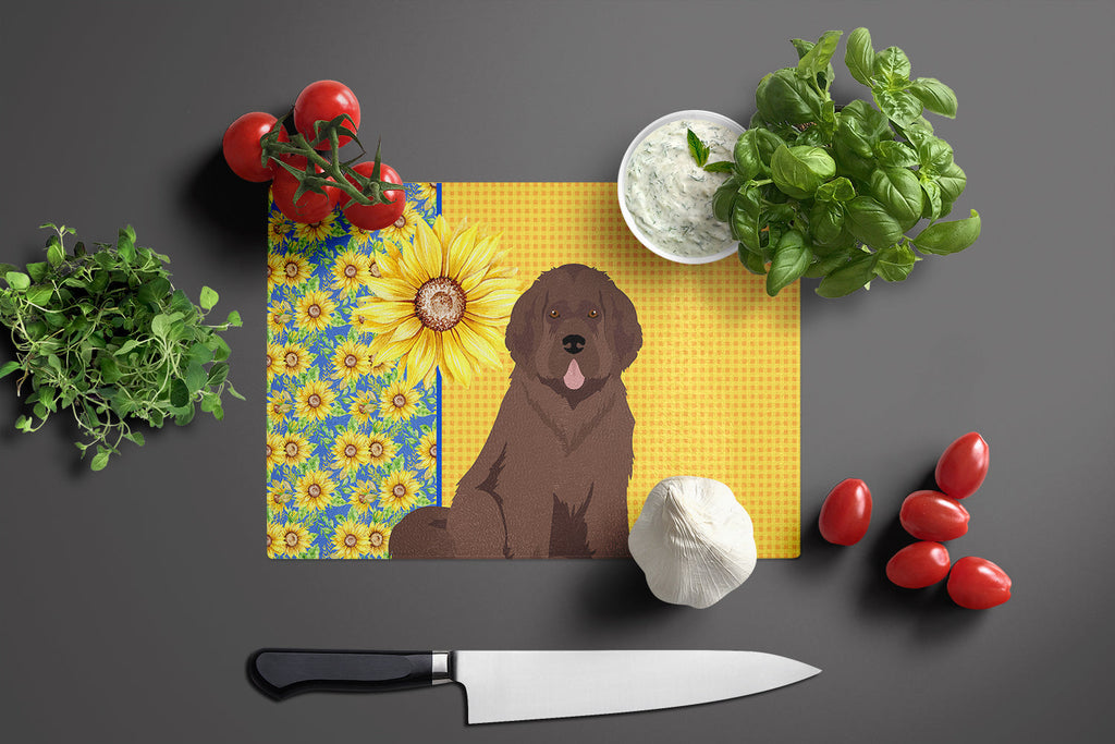 Summer Sunflowers Brown Newfoundland Cutting Board Tempered Glass Kitchen Cutting Surface, Heat Resistant Chopping, Non-Slip Feet, Food Prep & Serving