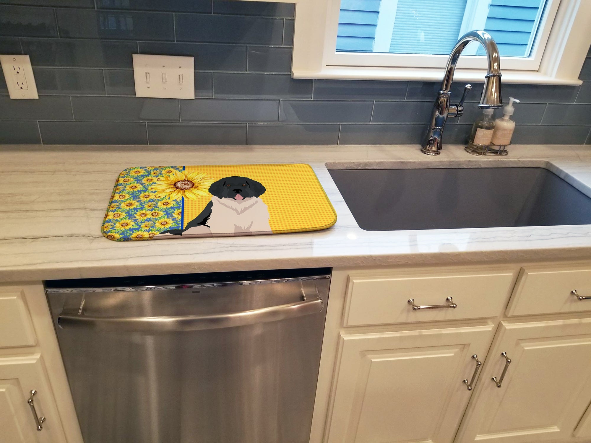 Summer Sunflowers Landseer Newfoundland Dish Drying Mat Absorbent Dish Drying Mat Pad for Kitchen Counter Dish Drainer Mat for Countertop, 14 x 21", Multicolor