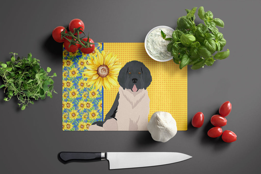 Summer Sunflowers Landseer Newfoundland Cutting Board Tempered Glass Kitchen Cutting Surface, Heat Resistant Chopping, Non-Slip Feet, Food Prep & Serving