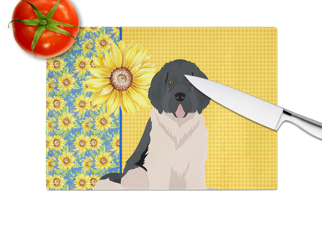 Summer Sunflowers Landseer Newfoundland Cutting Board Tempered Glass Kitchen Cutting Surface, Heat Resistant Chopping, Non-Slip Feet, Food Prep & Serving