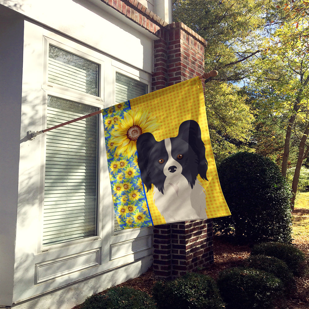 Summer Sunflowers Black and White Papillon House Flag 28x40 Porch Sleeve Pole Decorative Outside Yard Banner Artwork Wall Hanging, Polyester