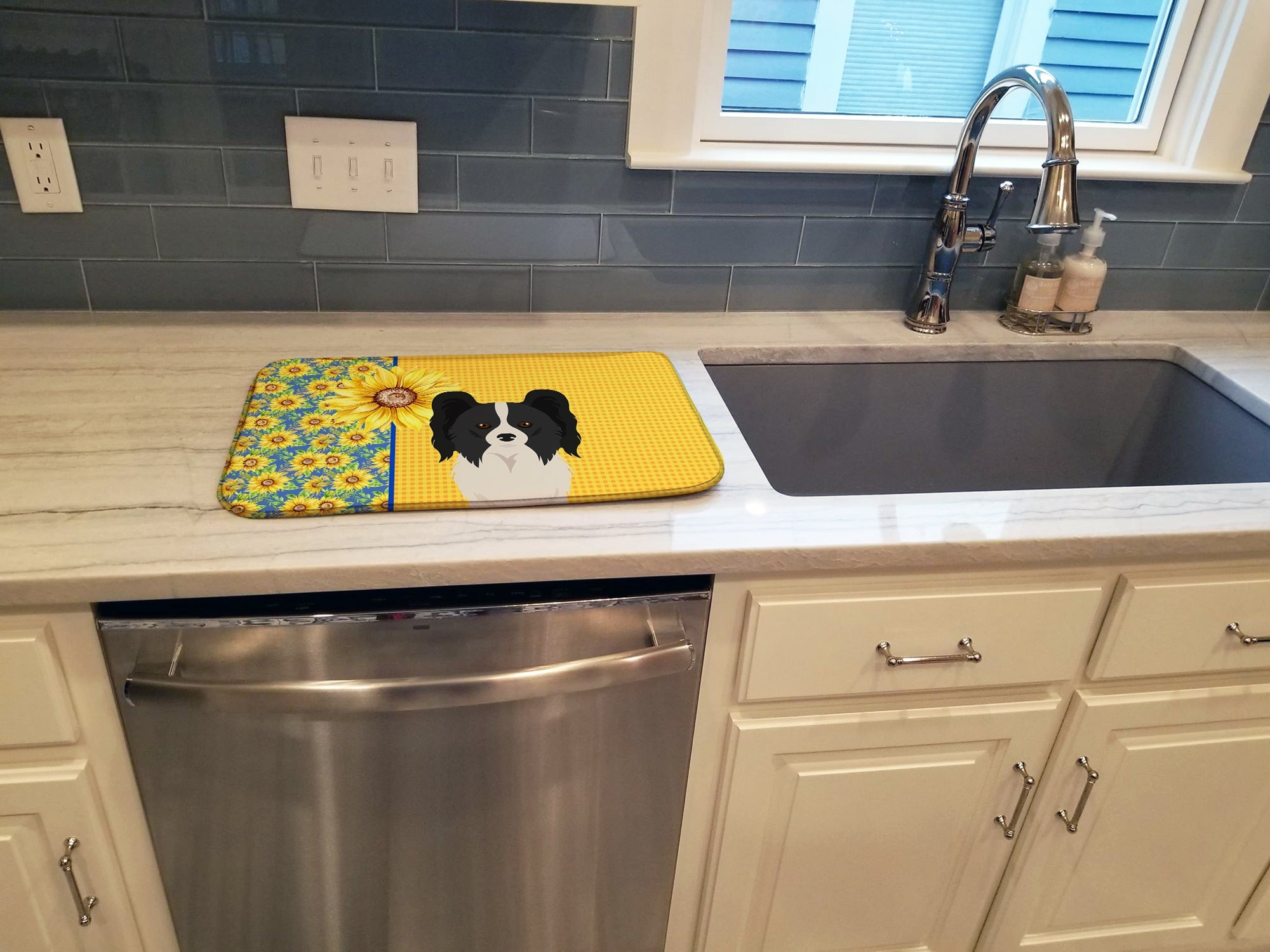 Summer Sunflowers Black and White Papillon Dish Drying Mat Absorbent Dish Drying Mat Pad for Kitchen Counter Dish Drainer Mat for Countertop, 14 x 21", Multicolor