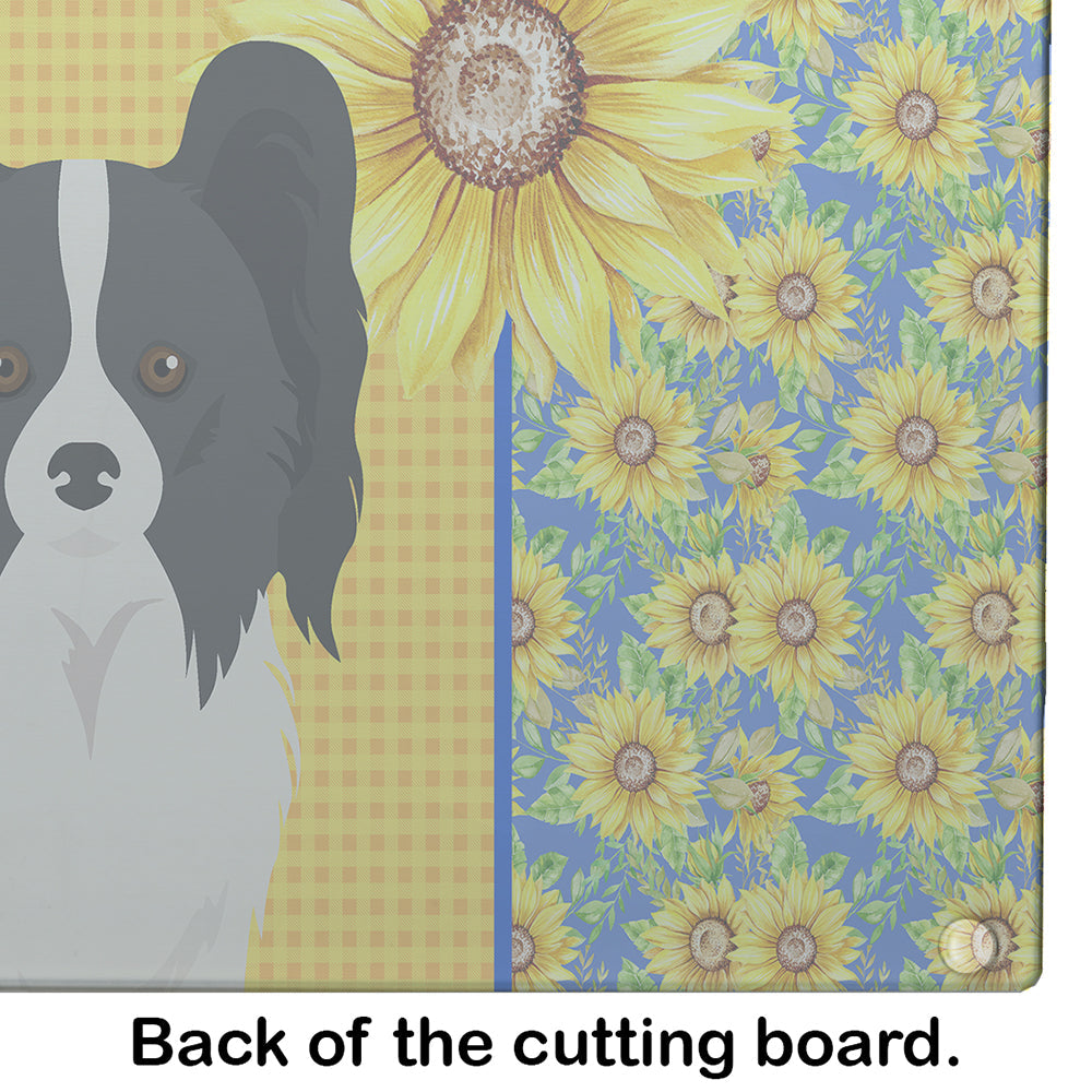 Summer Sunflowers Black and White Papillon Cutting Board Tempered Glass Kitchen Cutting Surface, Heat Resistant Chopping, Non-Slip Feet, Food Prep & Serving