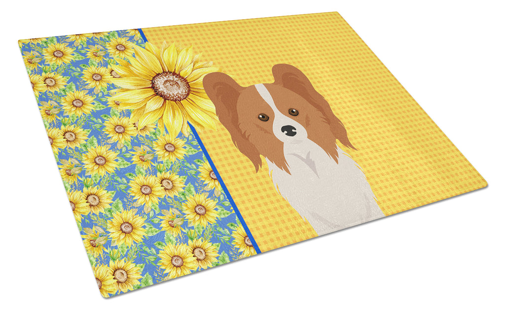 Summer Sunflowers Red and White Papillon Cutting Board Tempered Glass Kitchen Cutting Surface, Heat Resistant Chopping, Non-Slip Feet, Food Prep & Serving