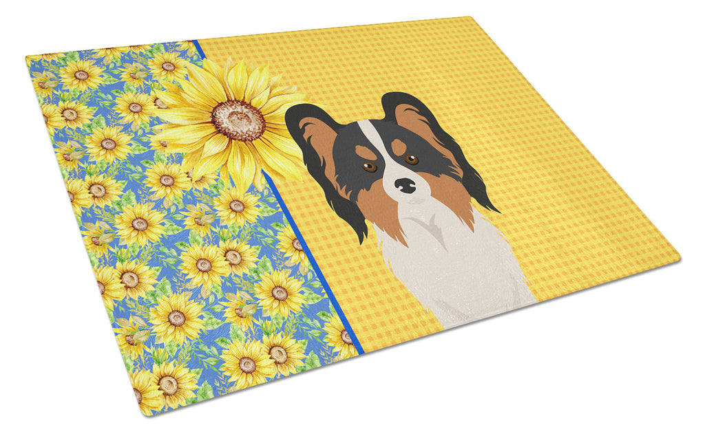 Summer Sunflowers Tricolor Papillon Cutting Board Tempered Glass Kitchen Cutting Surface, Heat Resistant Chopping, Non-Slip Feet, Food Prep & Serving