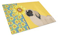 Summer Sunflowers Cream Pekingese Cutting Board Tempered Glass Kitchen Cutting Surface, Heat Resistant Chopping, Non-Slip Feet, Food Prep & Serving