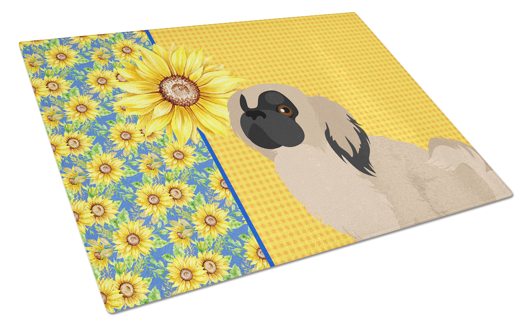 Summer Sunflowers Cream Pekingese Cutting Board Tempered Glass Kitchen Cutting Surface, Heat Resistant Chopping, Non-Slip Feet, Food Prep & Serving