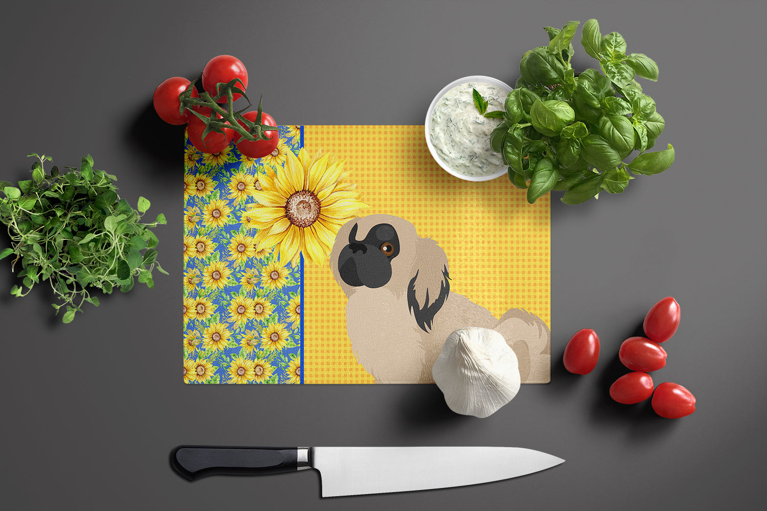 Summer Sunflowers Cream Pekingese Cutting Board Tempered Glass Kitchen Cutting Surface, Heat Resistant Chopping, Non-Slip Feet, Food Prep & Serving