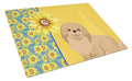 Summer Sunflowers Gold Pekingese Cutting Board Tempered Glass Kitchen Cutting Surface, Heat Resistant Chopping, Non-Slip Feet, Food Prep & Serving