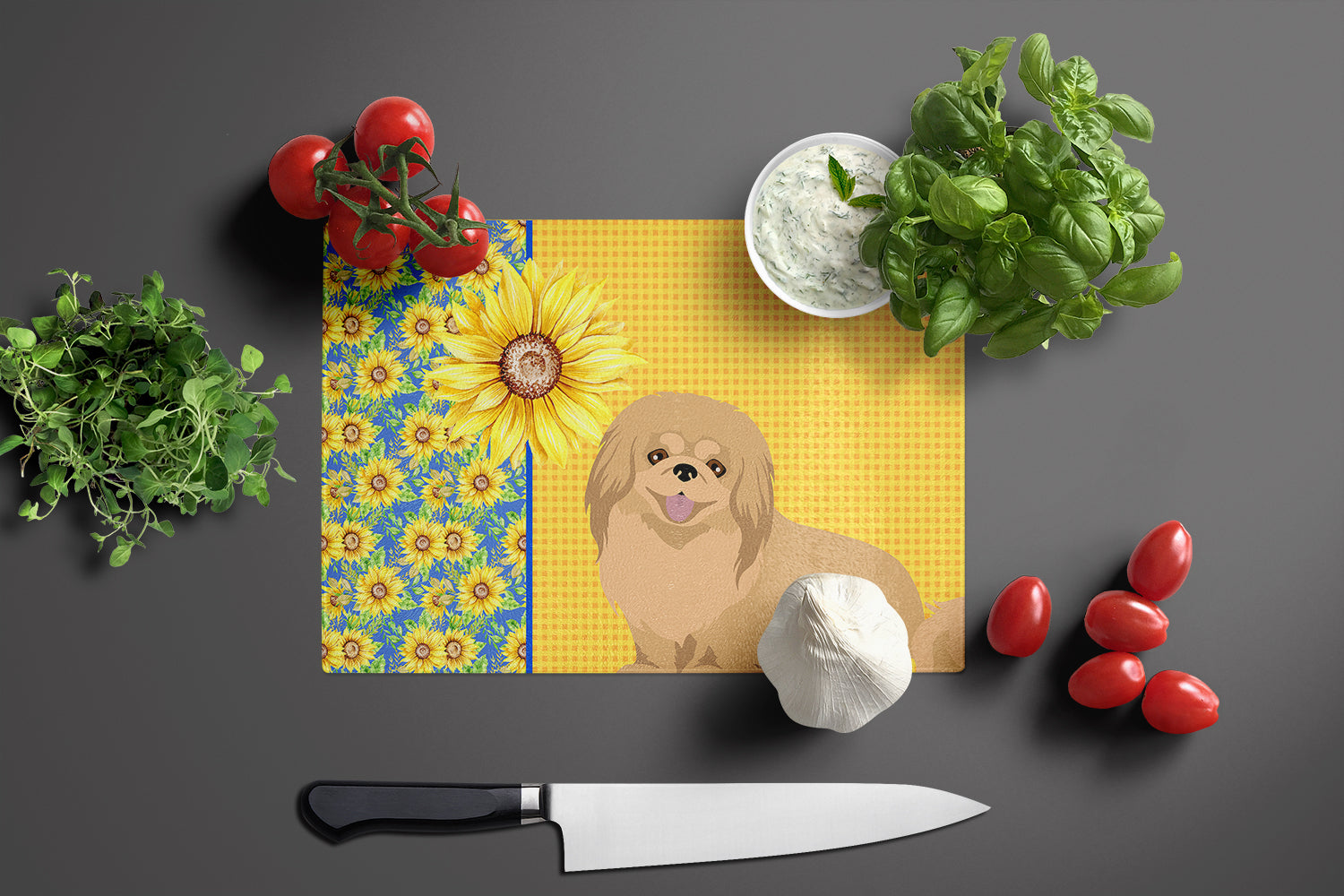 Summer Sunflowers Gold Pekingese Cutting Board Tempered Glass Kitchen Cutting Surface, Heat Resistant Chopping, Non-Slip Feet, Food Prep & Serving