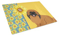 Summer Sunflowers Red Pekingese Cutting Board Tempered Glass Kitchen Cutting Surface, Heat Resistant Chopping, Non-Slip Feet, Food Prep & Serving