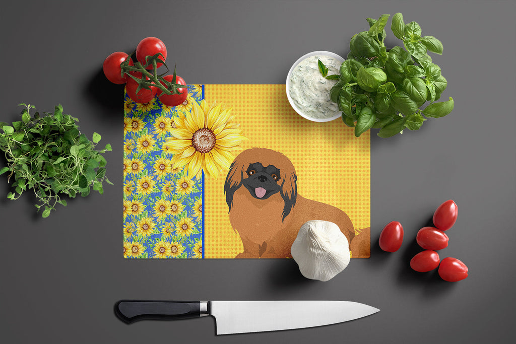 Summer Sunflowers Red Pekingese Cutting Board Tempered Glass Kitchen Cutting Surface, Heat Resistant Chopping, Non-Slip Feet, Food Prep & Serving