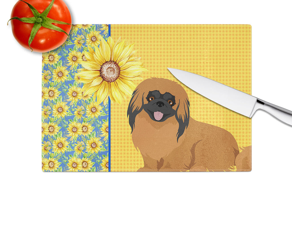 Summer Sunflowers Red Pekingese Cutting Board Tempered Glass Kitchen Cutting Surface, Heat Resistant Chopping, Non-Slip Feet, Food Prep & Serving