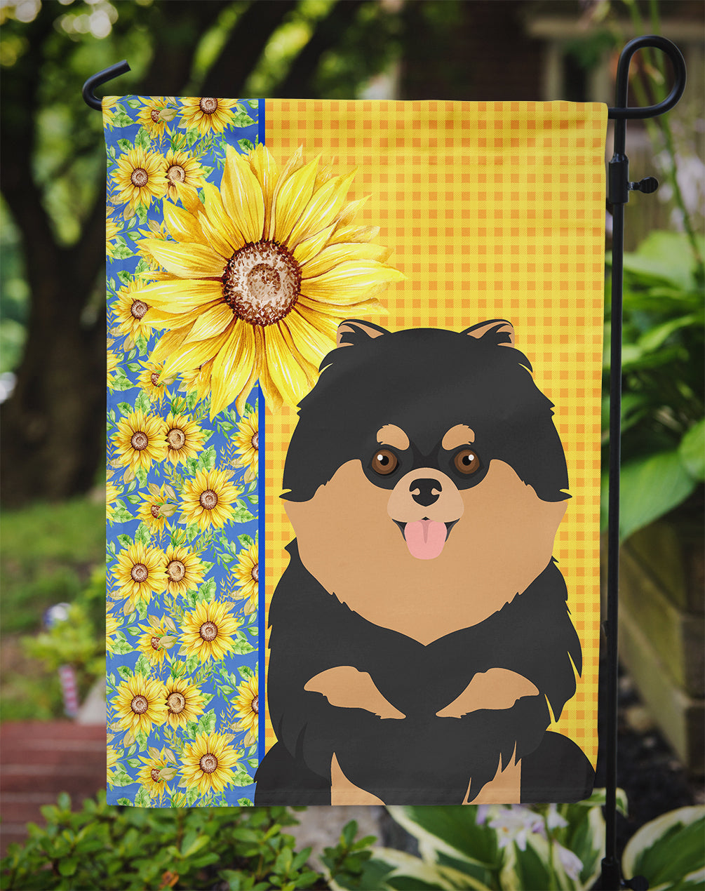 Summer Sunflowers Black and Tan Pomeranian Garden Flag Mailbox Decorative Yard Banner Outside Patio Artwork for Flower Beds, Garden Size, Multicolor