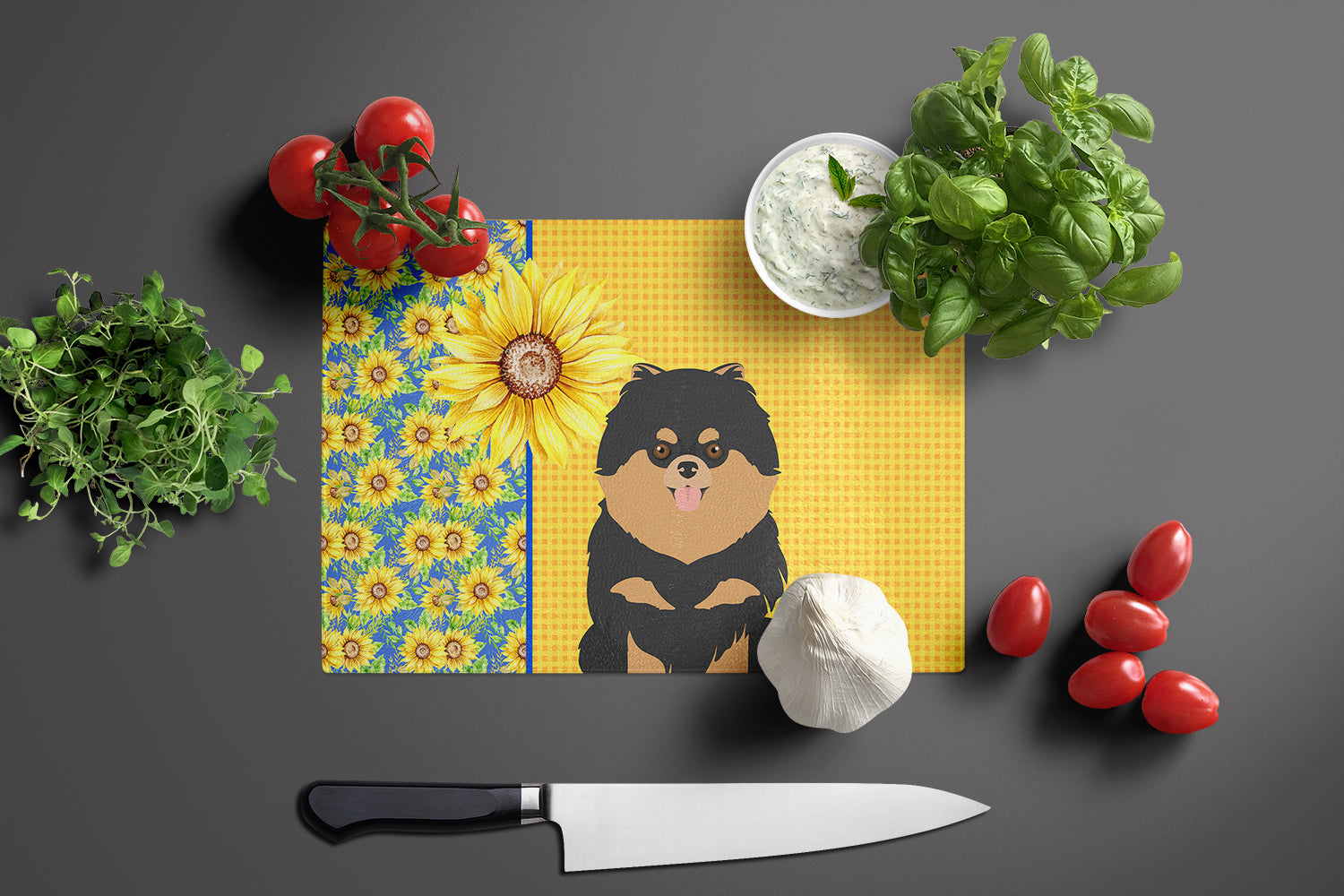 Summer Sunflowers Black and Tan Pomeranian Cutting Board Tempered Glass Kitchen Cutting Surface, Heat Resistant Chopping, Non-Slip Feet, Food Prep & Serving