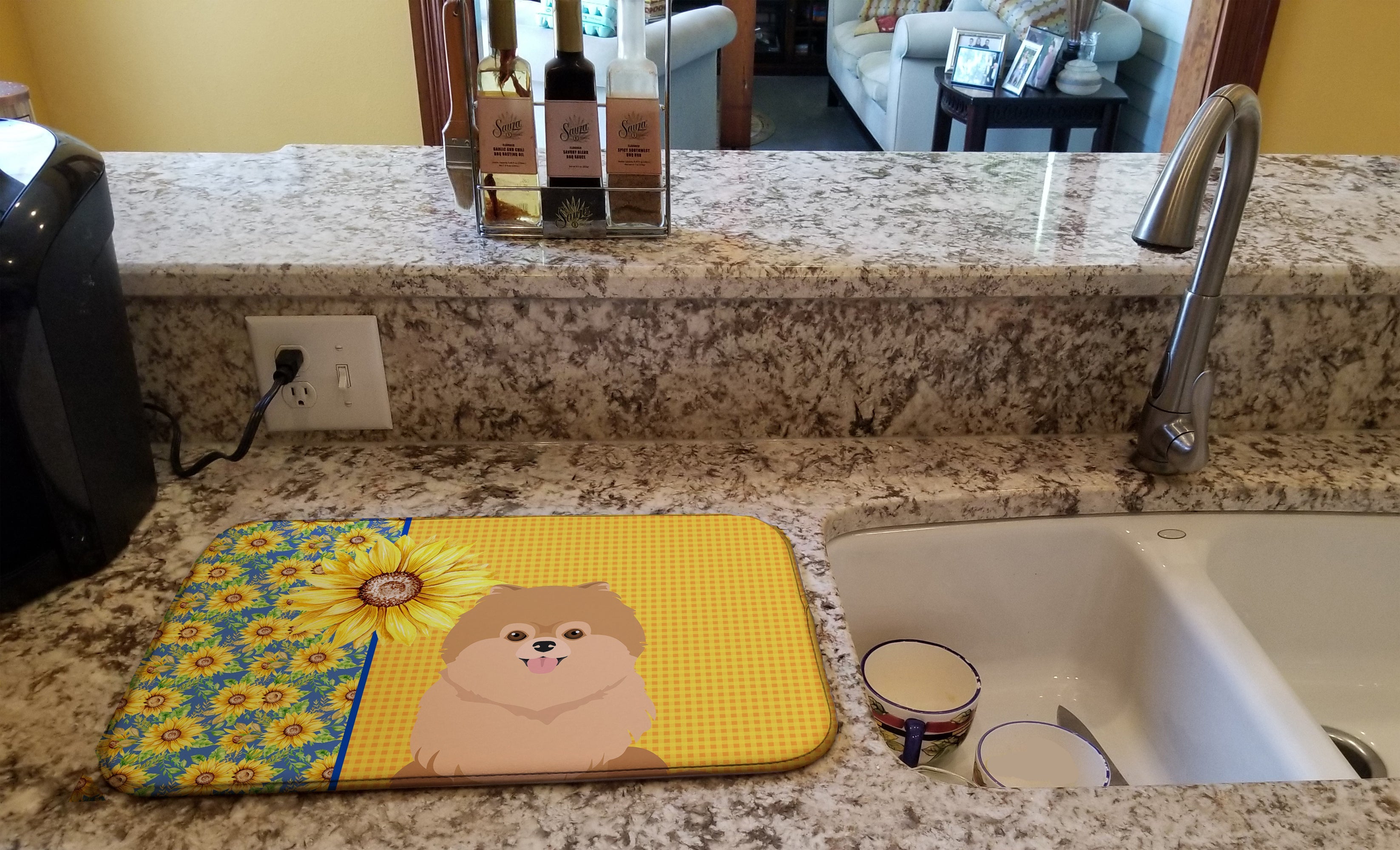 Summer Sunflowers Orange Pomeranian Dish Drying Mat Absorbent Dish Drying Mat Pad for Kitchen Counter Dish Drainer Mat for Countertop, 14 x 21", Multicolor