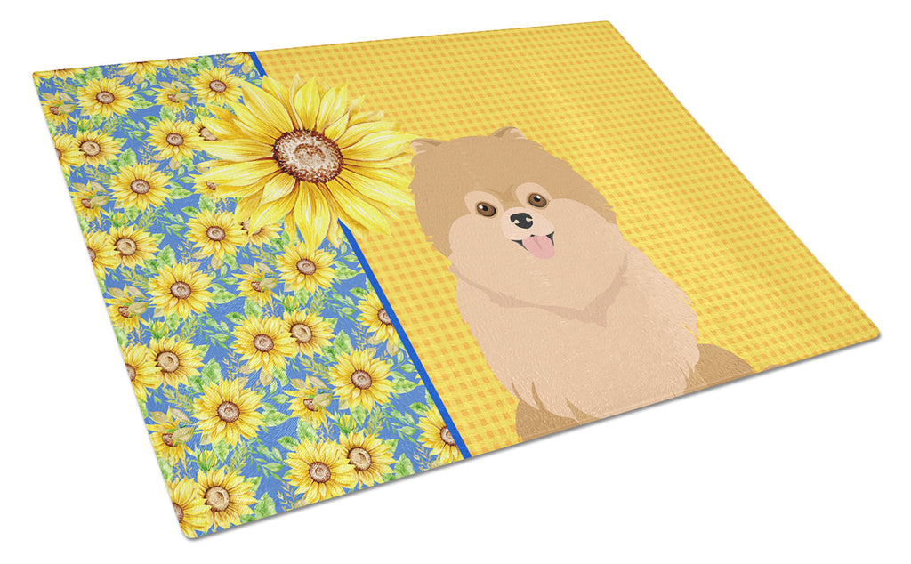 Summer Sunflowers Orange Pomeranian Cutting Board Tempered Glass Kitchen Cutting Surface, Heat Resistant Chopping, Non-Slip Feet, Food Prep & Serving