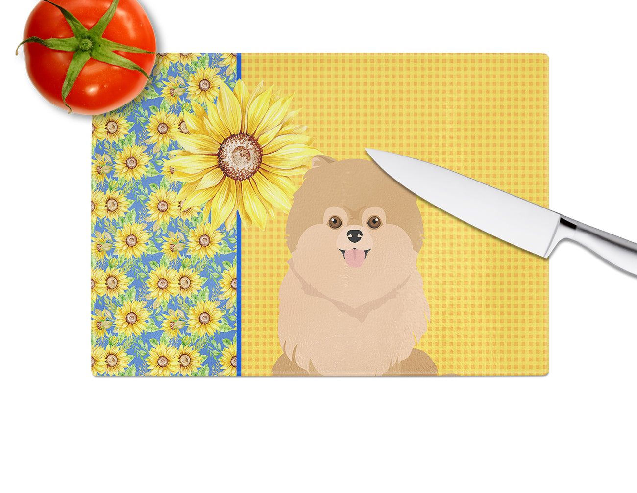 Summer Sunflowers Orange Pomeranian Cutting Board Tempered Glass Kitchen Cutting Surface, Heat Resistant Chopping, Non-Slip Feet, Food Prep & Serving