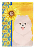 Summer Sunflowers White Pomeranian House Flag 28x40 Porch Sleeve Pole Decorative Outside Yard Banner Artwork Wall Hanging, Polyester