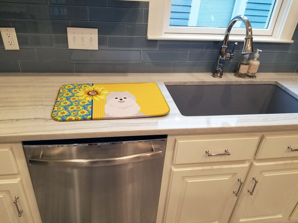 Summer Sunflowers White Pomeranian Dish Drying Mat Absorbent Dish Drying Mat Pad for Kitchen Counter Dish Drainer Mat for Countertop, 14 x 21", Multicolor