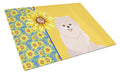 Summer Sunflowers White Pomeranian Cutting Board Tempered Glass Kitchen Cutting Surface, Heat Resistant Chopping, Non-Slip Feet, Food Prep & Serving