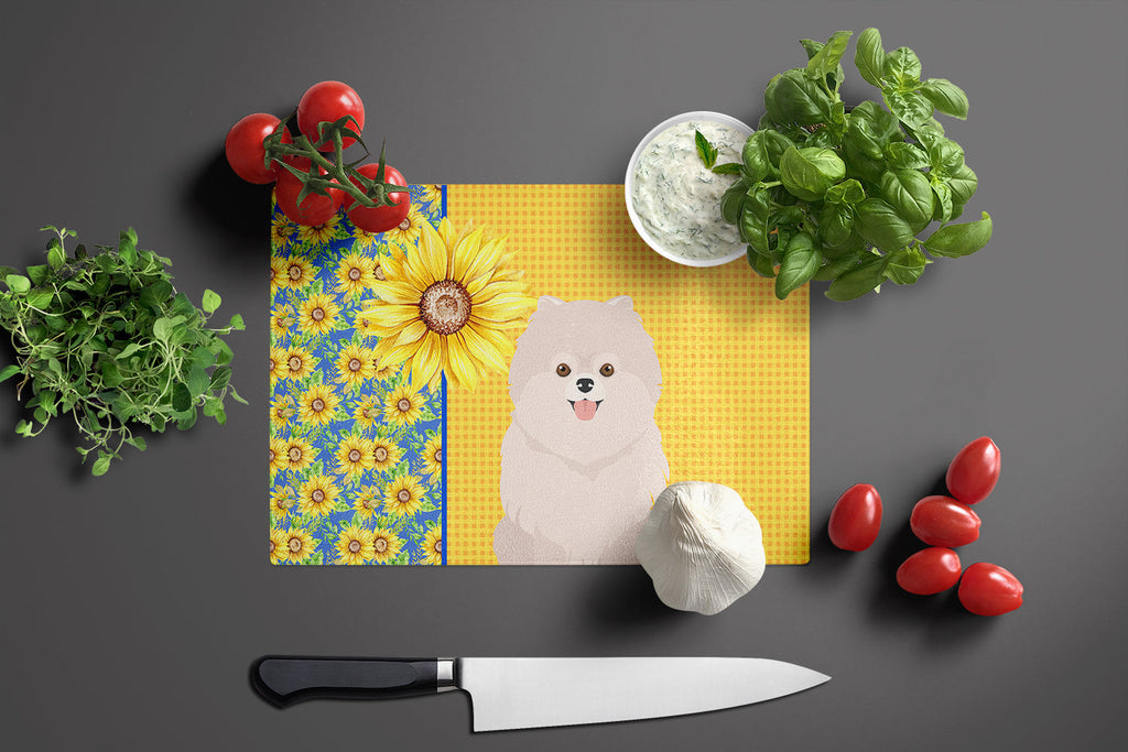 Summer Sunflowers White Pomeranian Cutting Board Tempered Glass Kitchen Cutting Surface, Heat Resistant Chopping, Non-Slip Feet, Food Prep & Serving