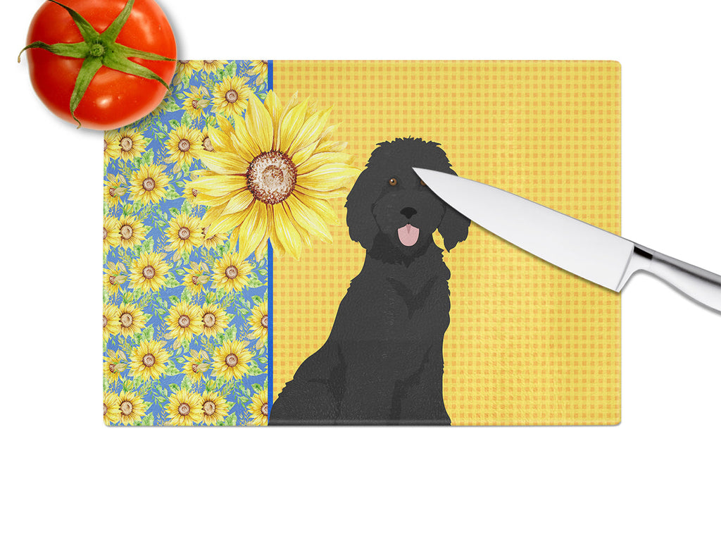 Summer Sunflowers Standard Black Poodle Cutting Board Tempered Glass Kitchen Cutting Surface, Heat Resistant Chopping, Non-Slip Feet, Food Prep & Serving