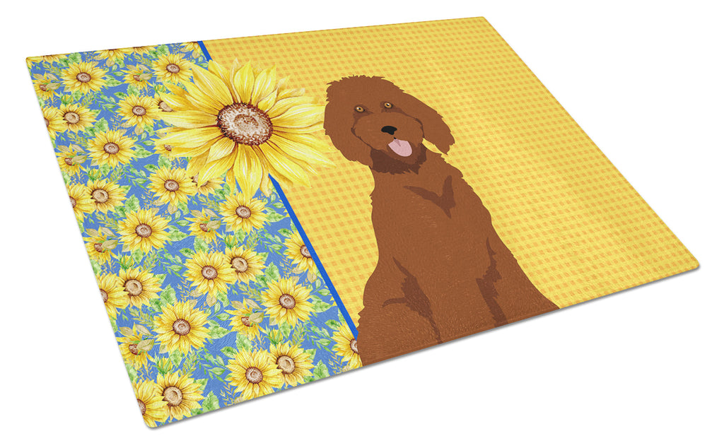 Summer Sunflowers Standard Red Poodle Cutting Board Tempered Glass Kitchen Cutting Surface, Heat Resistant Chopping, Non-Slip Feet, Food Prep & Serving