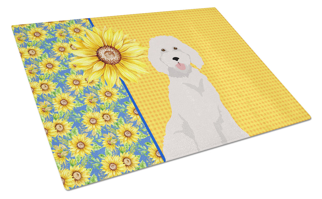 Summer Sunflowers Standard White Poodle Cutting Board Tempered Glass Kitchen Cutting Surface, Heat Resistant Chopping, Non-Slip Feet, Food Prep & Serving
