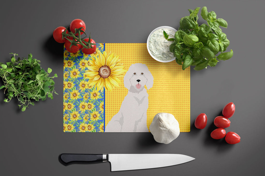 Summer Sunflowers Standard White Poodle Cutting Board Tempered Glass Kitchen Cutting Surface, Heat Resistant Chopping, Non-Slip Feet, Food Prep & Serving