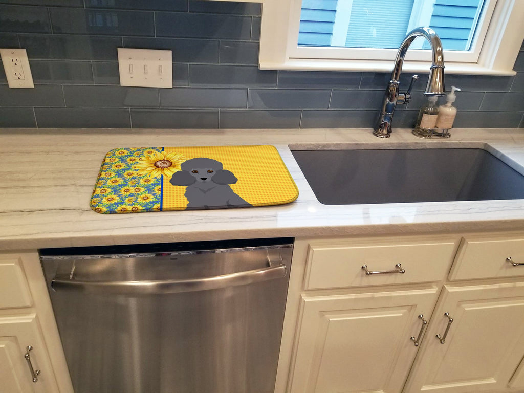 Summer Sunflowers Toy Grey Poodle Dish Drying Mat Absorbent Dish Drying Mat Pad for Kitchen Counter Dish Drainer Mat for Countertop, 14 x 21", Multicolor